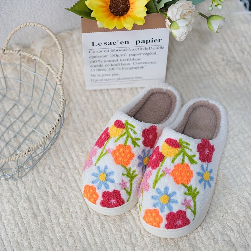Unisex Plush Floral Indoor Slippers Warm Soft Winter TPR Sole