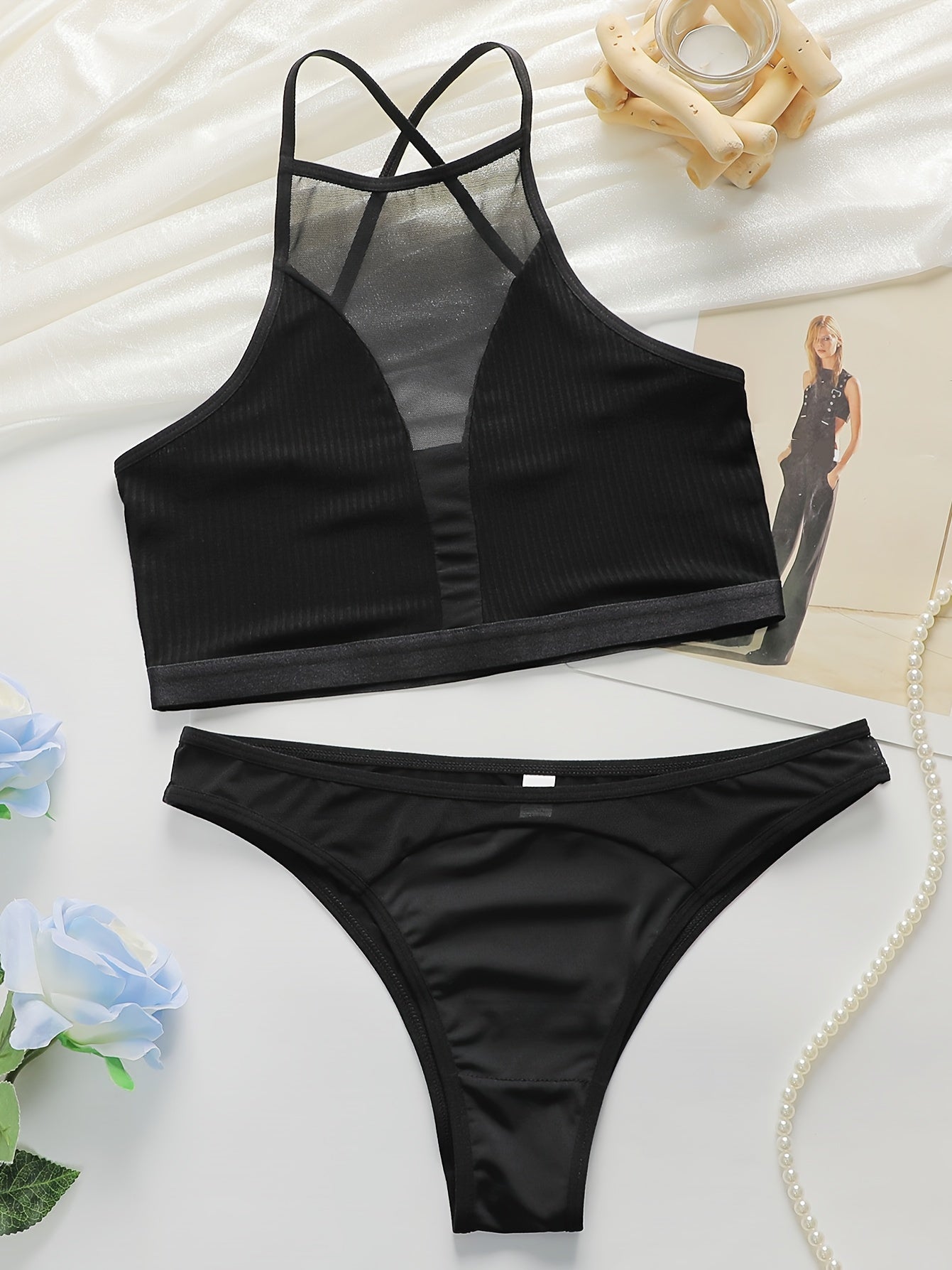 Seamless Mesh Halter Cami Bra and Panties Set Women Sexy Lingerie