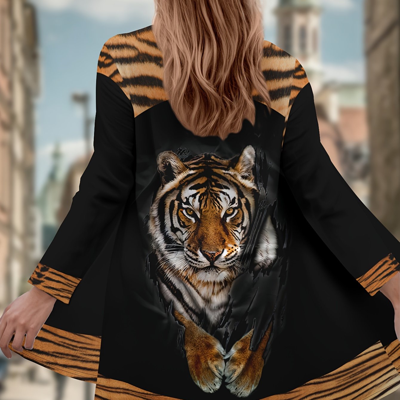Plus Size Tiger Print Tunic Top Casual Open Front Long Sleeve Shirt for Spring Fall