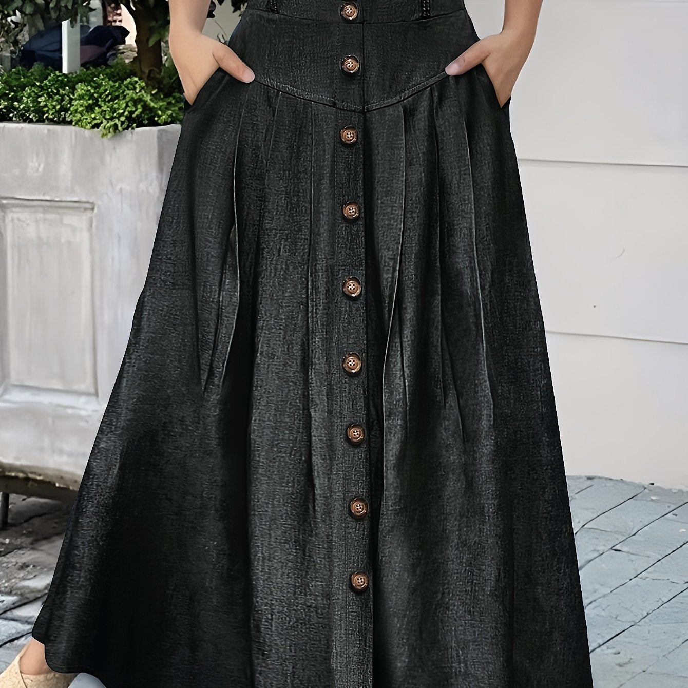 Falda de poliéster tejida de color sólido para mujer con doble bolsillo y botones en la parte delantera para primavera y verano