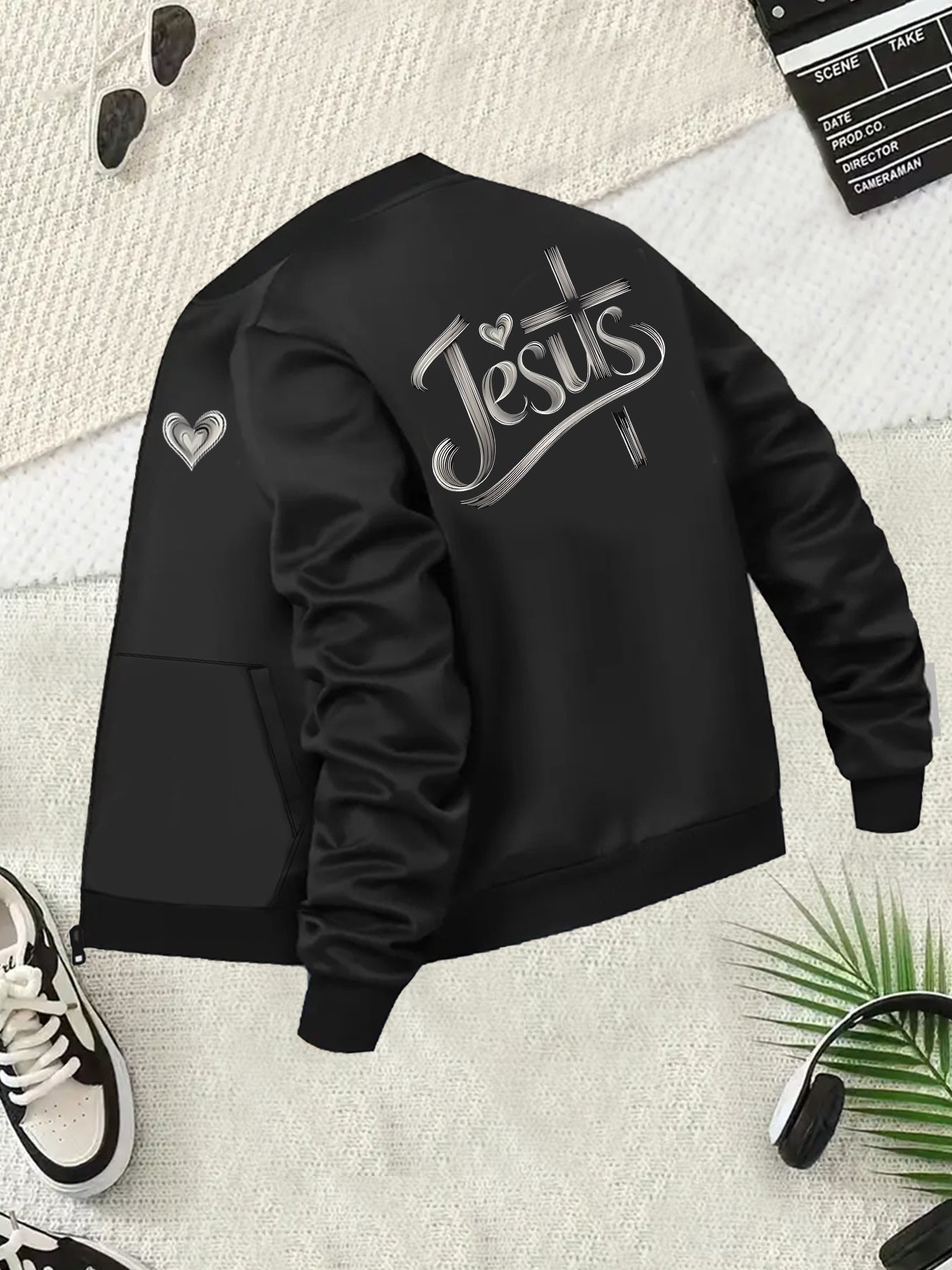 Women's Plus Size Bomber Jacket with Jesus Graphic Black Long Sleeve