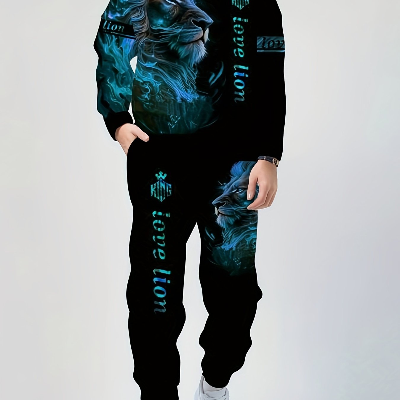 Plus Size Men's Hoodie and Sweatpants Set with Glow Lion Print for Fall Winter