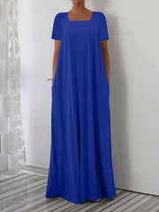 White Maxi Dress with Square Neck Short Sleeves Pockets Flowing Silhouette Polyester Blend