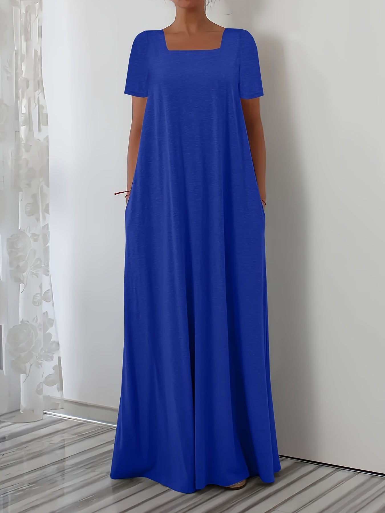 White Maxi Dress with Square Neck Short Sleeves Pockets Flowing Silhouette Polyester Blend