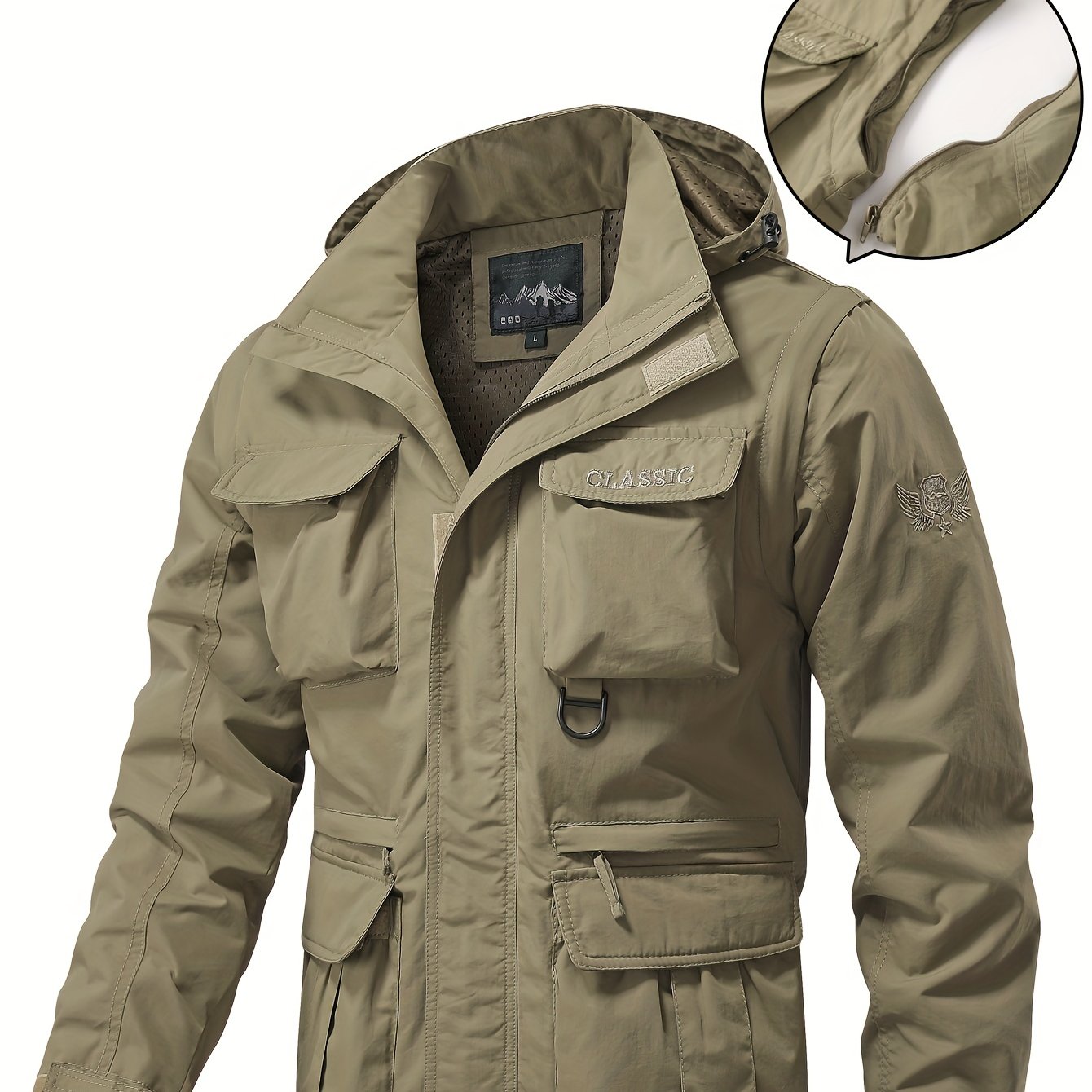 Men's Hooded Windbreaker Jacket with Detachable Hood and Multi Pocket Cargo Vest for Outdoor Activities