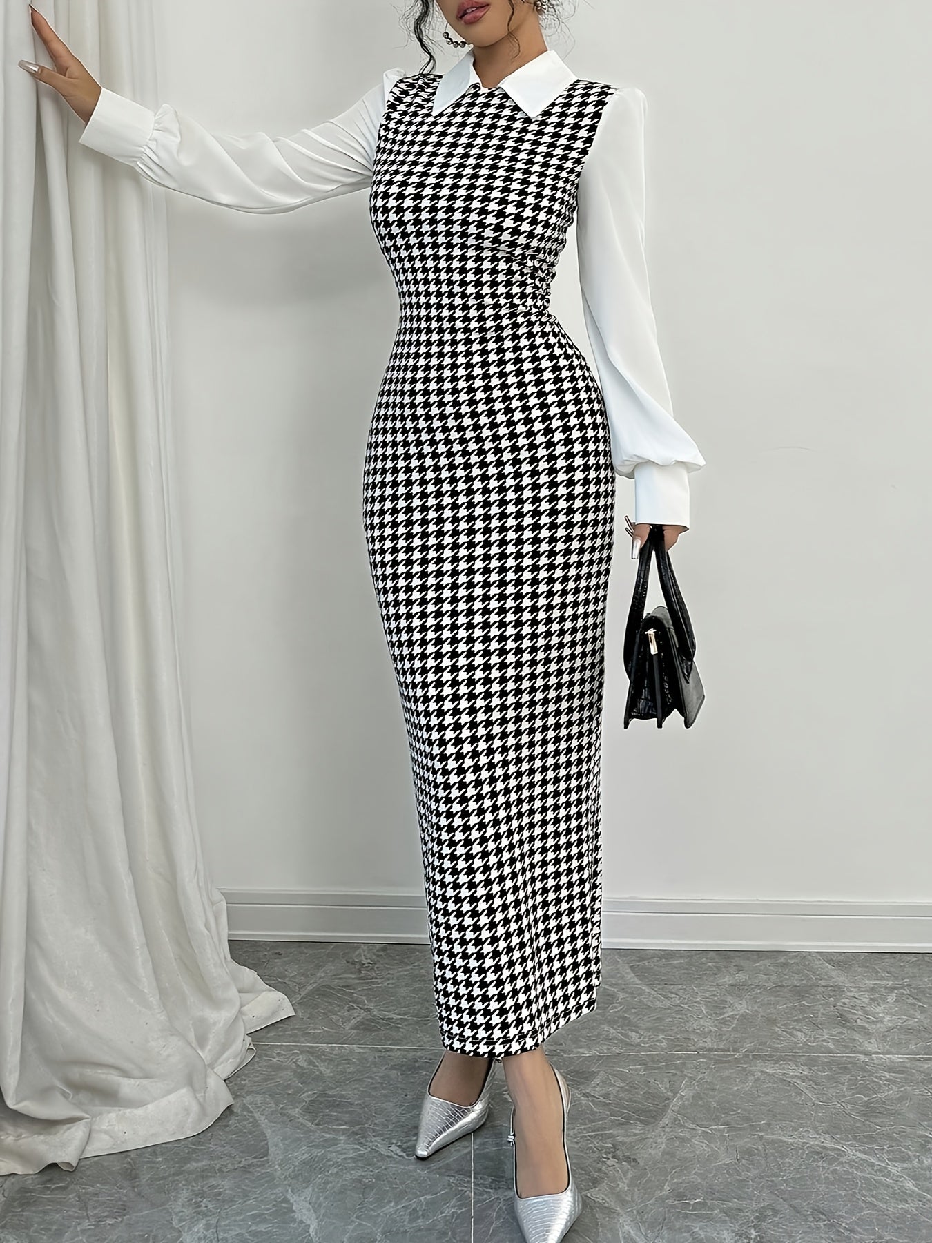 Ayollar uchun nafis houndstooth bodycon ko'ylak, turli xil yenglar, tor kesimdagi midi ko'ylak, kuz/qish modasi uchun trikotaj polyesterdan tayyorlangan.