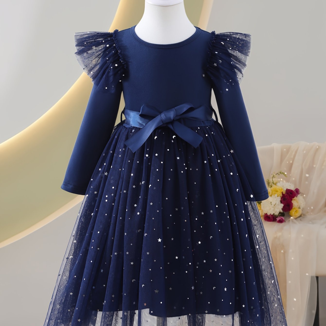 Girls Long Sleeve Tulle Hem A-line Dress for Spring Fall Casual Party Outdoor