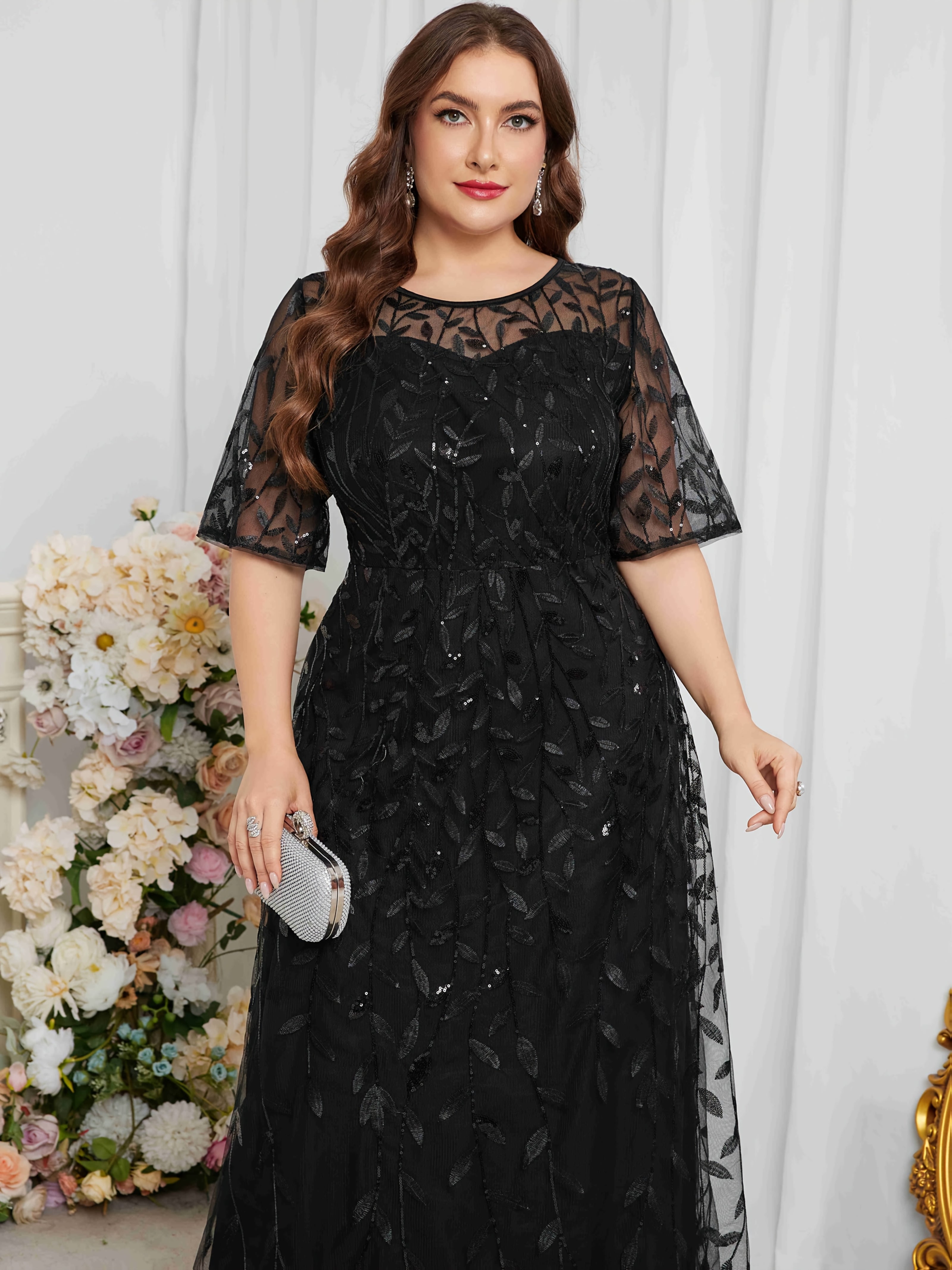 Plus Size Black Lace Trim Peplum Dress Sleeveless Floral Formal Wear