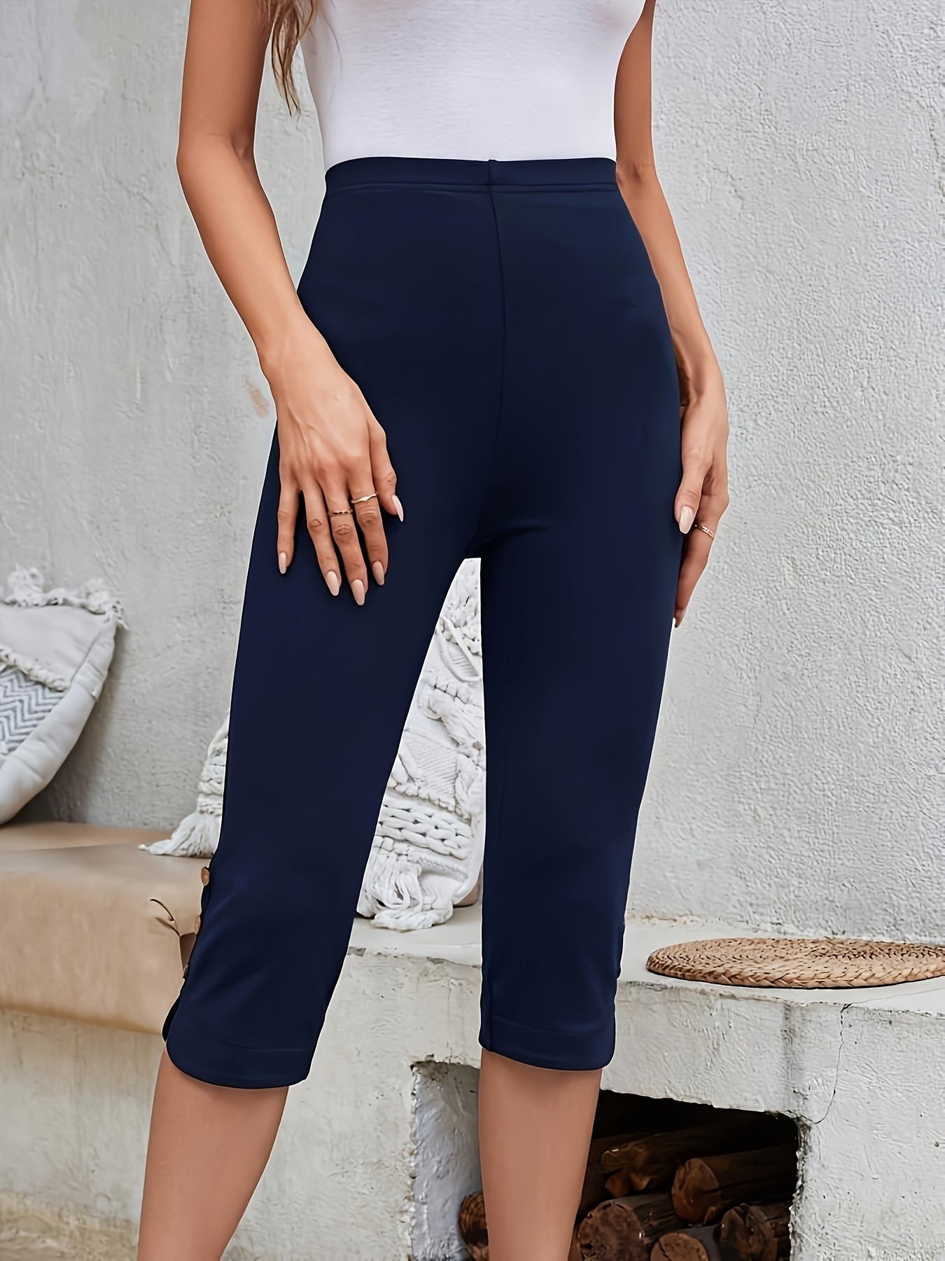 Women's Slim Fit Capri Leggings with Button Accents High Waist Split Hem Summer