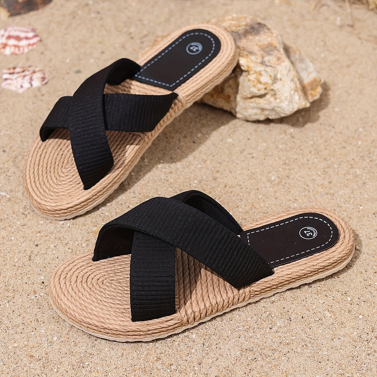 Ayollar uchun bej rangli slayd sandalki, o'zaro bog'langan yengil ochiq barmoqli yozgi plyaj poyafzali