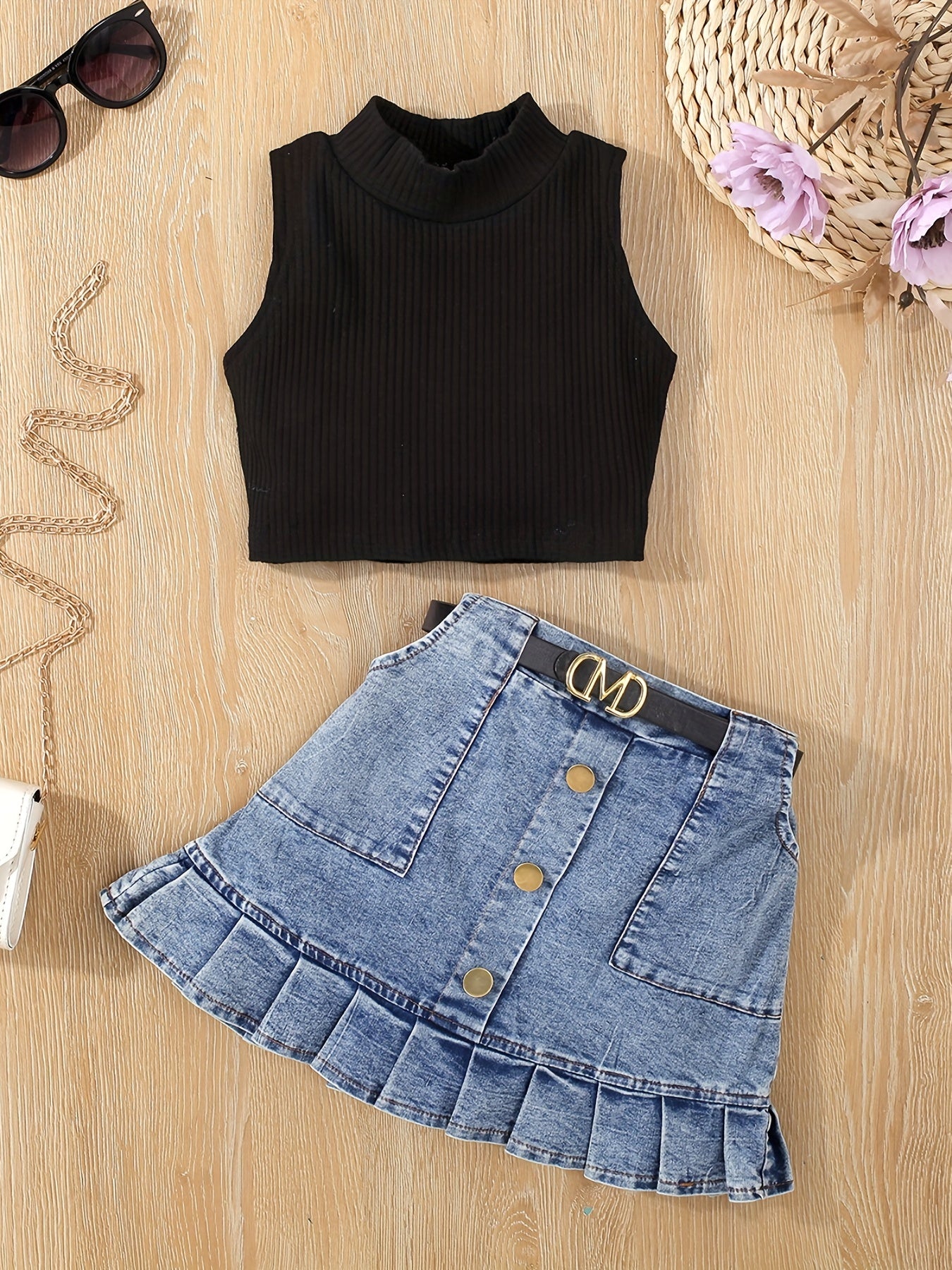 Yuqori yengsiz ko'ylak, pliseli yubka va kamar bilan.