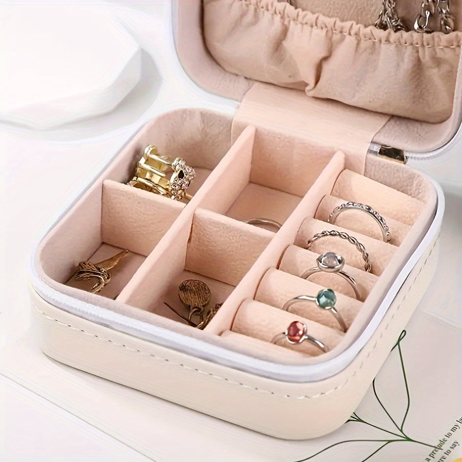 Organizador portátil de cuero para joyas con caja de almacenamiento con cremallera para anillos y collares