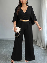Women's Plus Size Casual V-Neck Jumpsuit with Tie Waist Black Maxidress