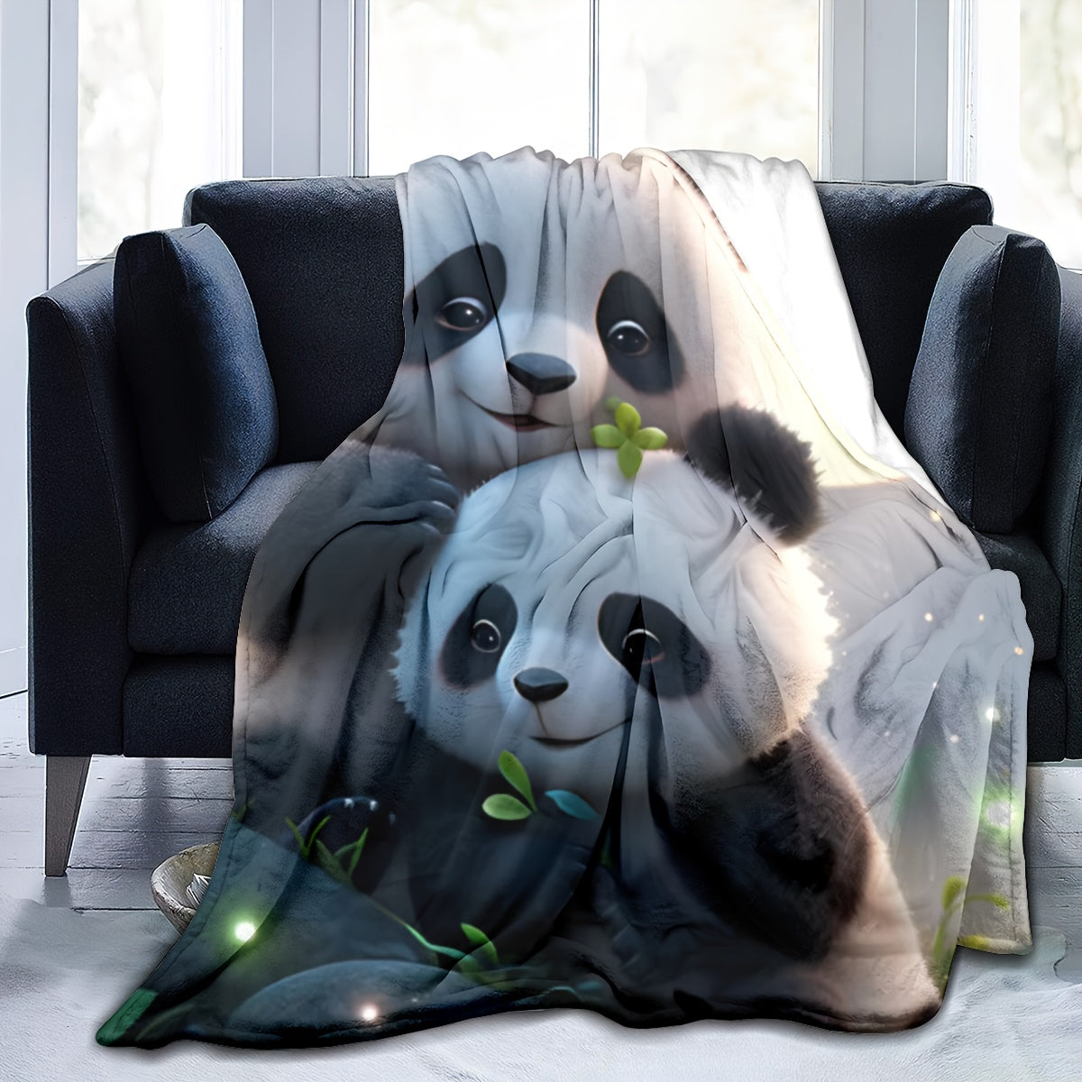 Cozy Panda Print Flannel Throw Blanket for Couch Bed Camping Blue