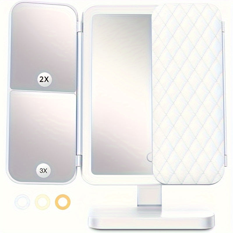 Tri-Fold Makeup Mirror with LED Lights and 270° Rotation for Vanity and Gift