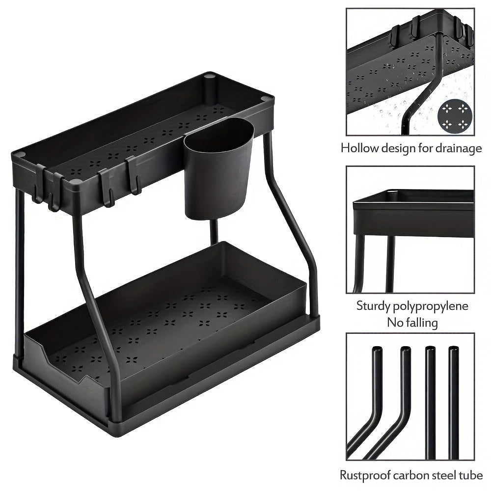 Expandable Under Sink Organizer 2-Tier Pull-Out Storage Rack with Hooks and Hanging Cup for Kitchen Bathroom