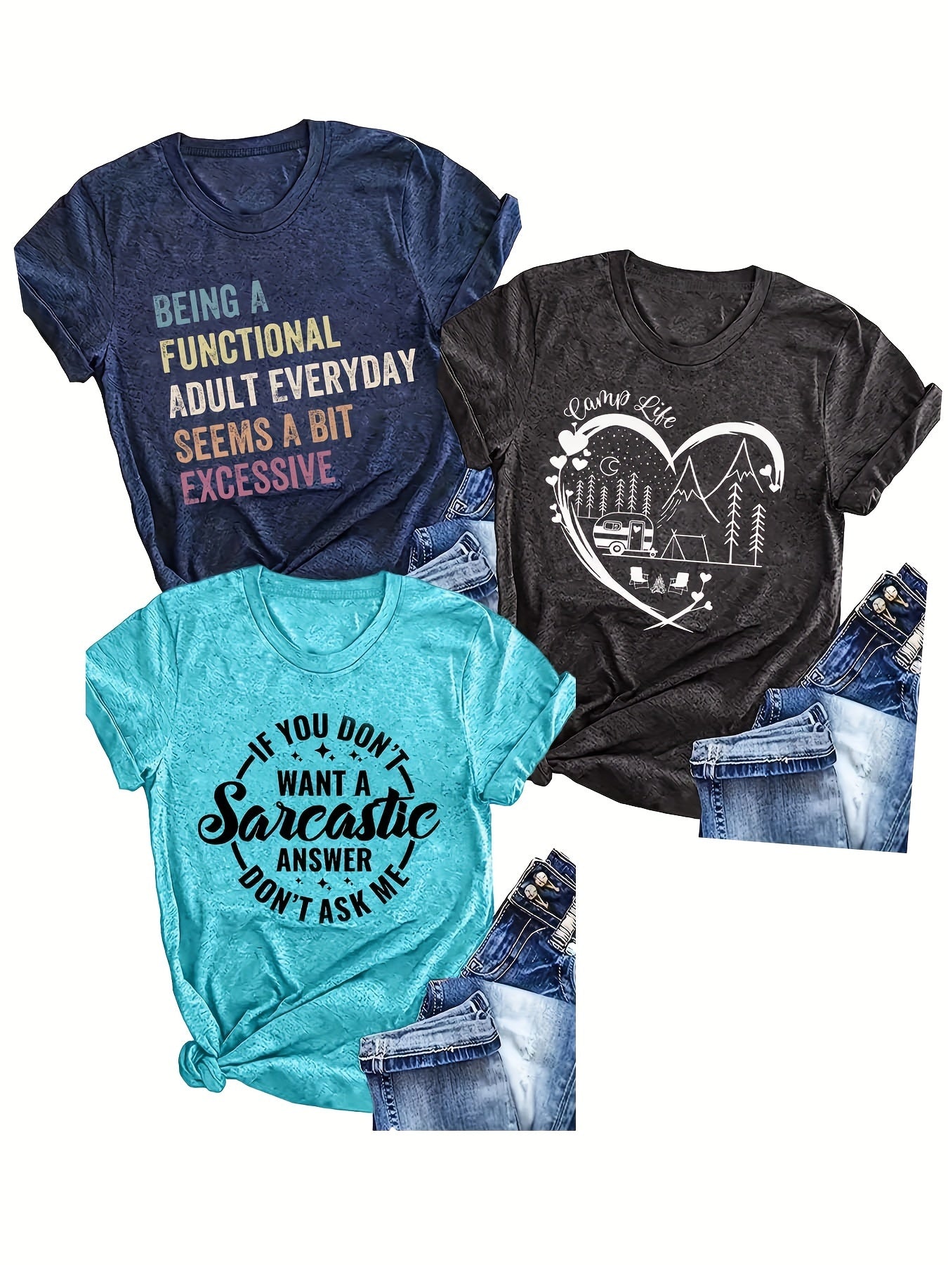 Women's Short Sleeve Graphic T-Shirts Pack with Humorous Quotes Navy Turquoise Black