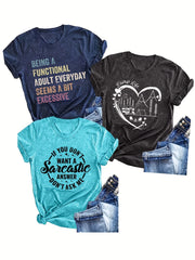 Women's Short Sleeve Graphic T-Shirts Pack with Humorous Quotes Navy Turquoise Black