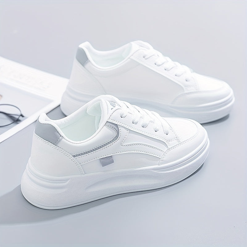 Women's Lightweight Solid Color Leather-Style Flat Sneakers for Leisure Running and Walking