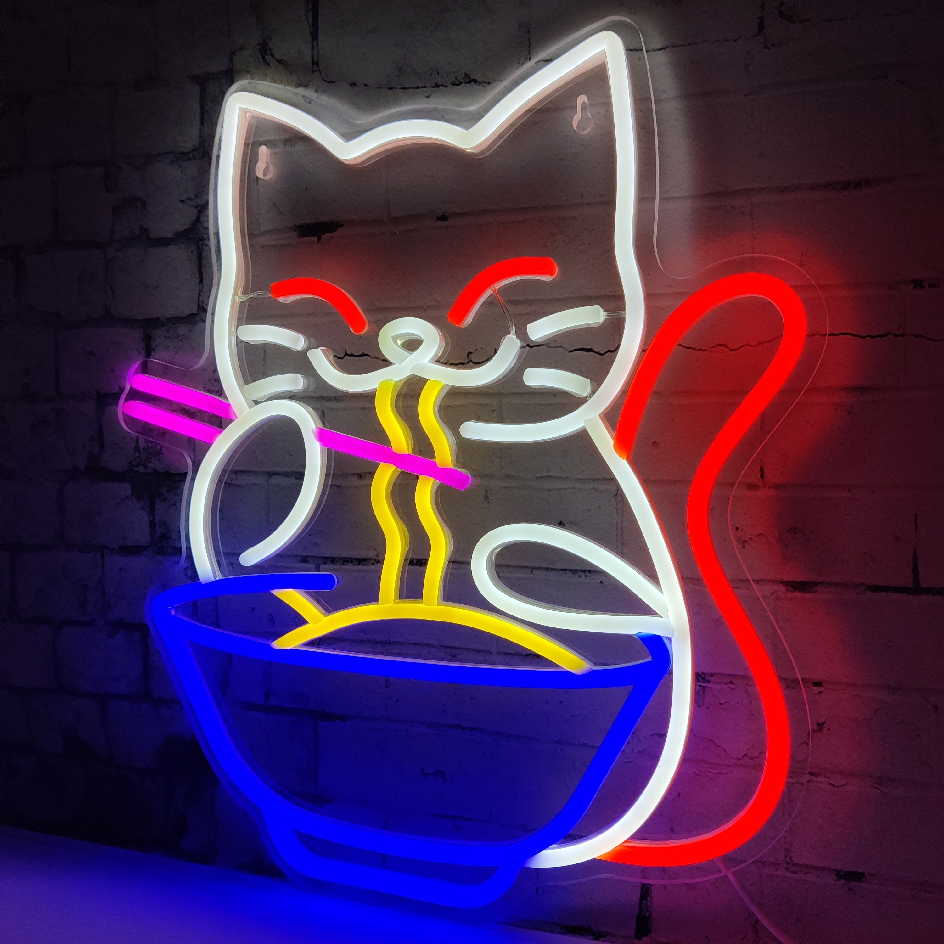 Neon Sign Japanese Lucky Cat Eating Ramen USB Powered Home Decor