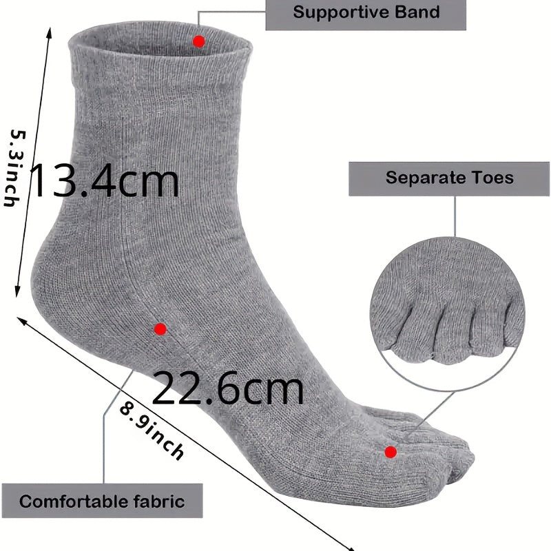 Men's Solid Color Mid-Tube Five-Finger Breathable Cotton Socks 5 or 10 Pairs