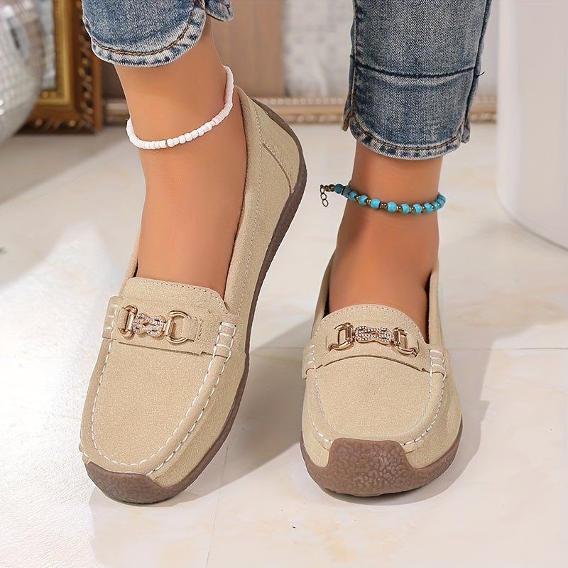 Women's Slip-On Loafers Leather Casual Flats with Metallic Buckle Black Brown Beige
