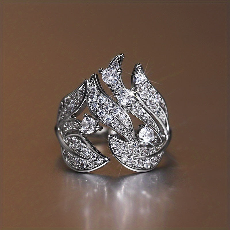 Women's Silver Plated Micro Pave Zirconia Flower Leaf Ring Jewelry