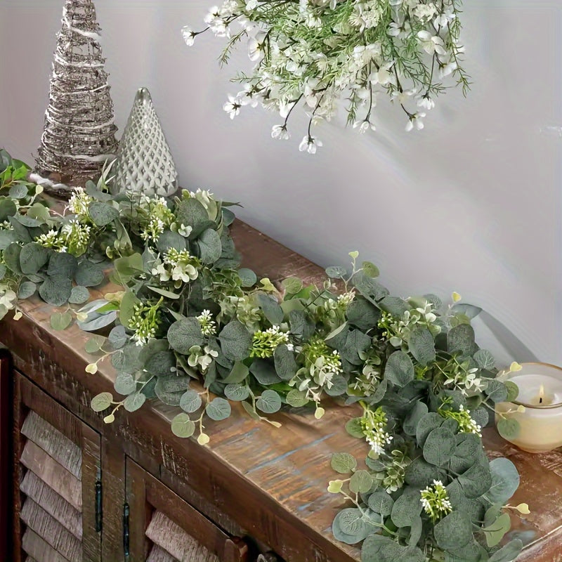 5-Pack Faux Eucalyptus Garland with White Flowers 179.83cm Artificial Silver Dollar Leaves for Home Decor Outdoor Patio