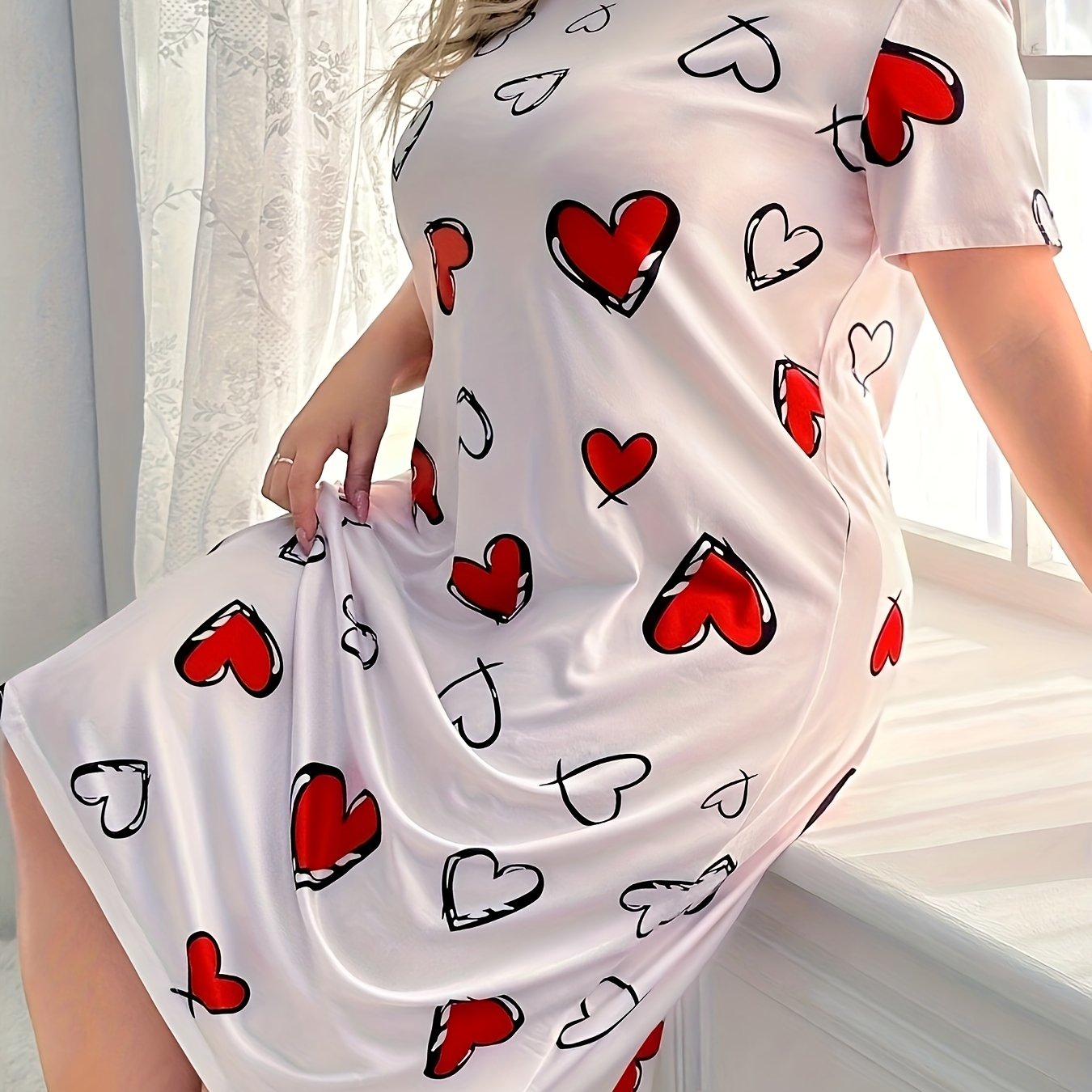 Plus Size Women's Sleep Dress Short Sleeve Heart Print Lounge Wear Pink Red