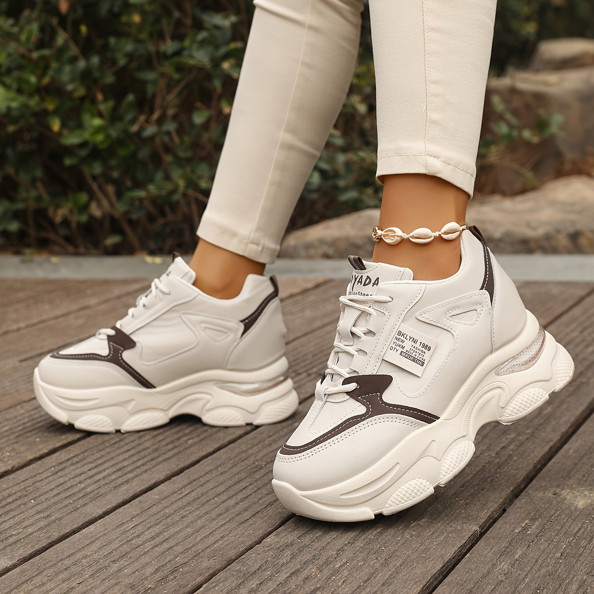 Women's Chunky Sneakers with Wedge Heel Casual Lace-Up Low Top Rubber Sole