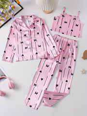 Girls Pajama Set with Heart-Shaped Bow Striped Floral Print Long Sleeve Cotton Casual