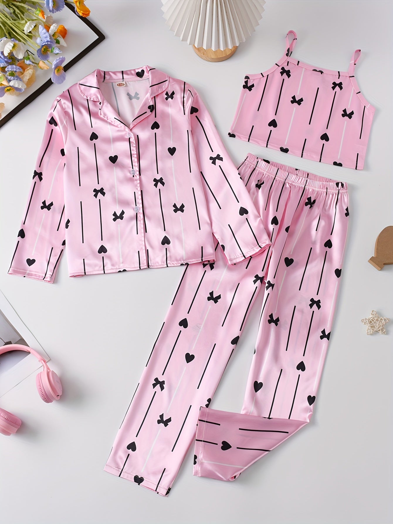 Girls Pajama Set with Heart-Shaped Bow Striped Floral Print Long Sleeve Cotton Casual