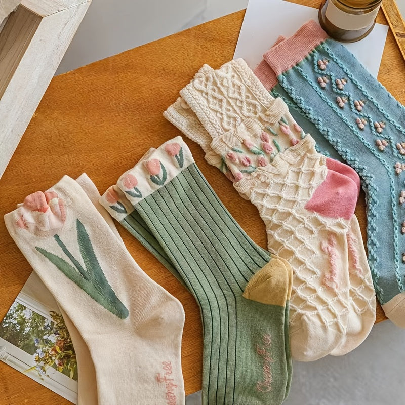 Women Floral Knee-High Socks Set of 4 Textured Knit Fabric Cottagecore Style