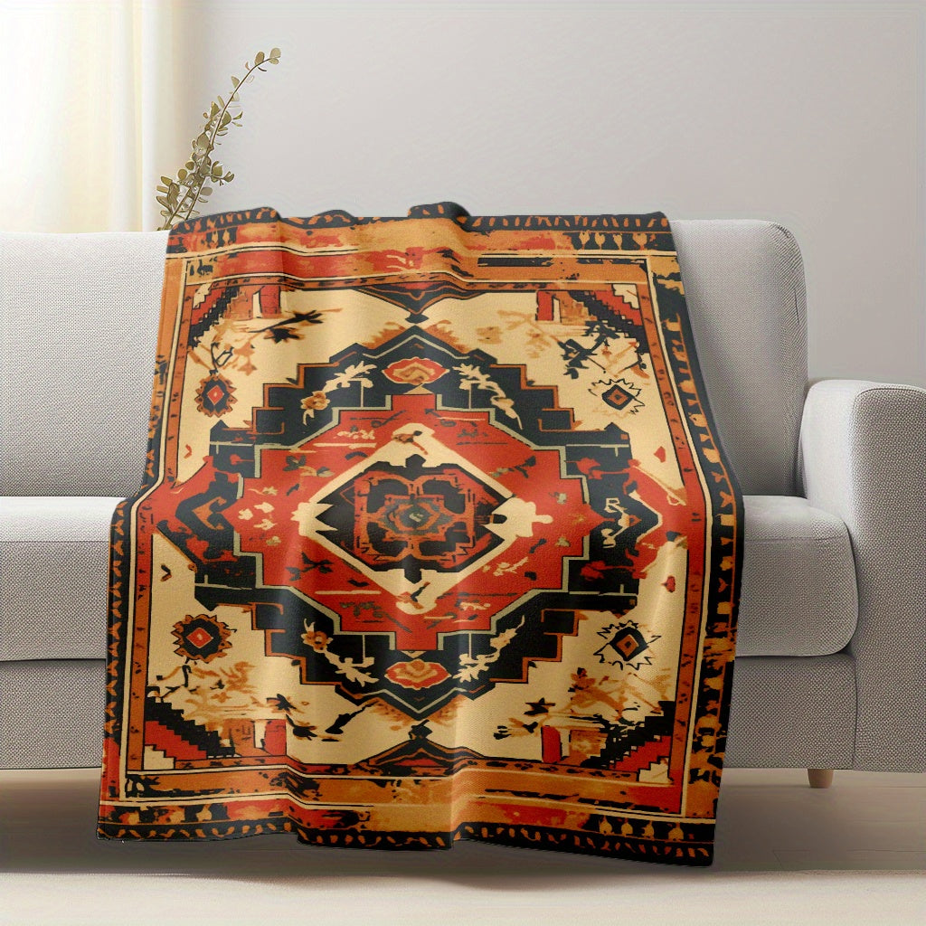 Knitted Polyester Flannel Throw Blanket with Ethnic Carpet Pattern for Sofa and Travel