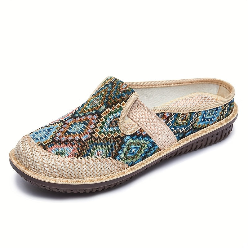 Women's Ethnic Style Slip-On Sandals with Fabric Upper and Low Heel