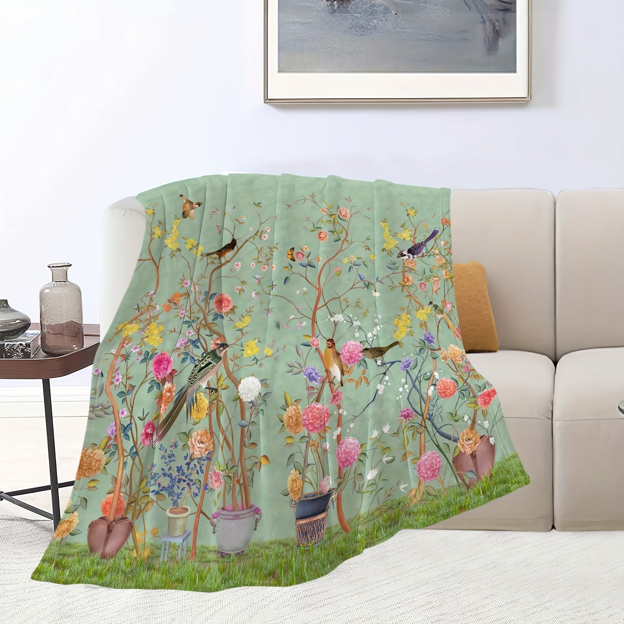 Flannel Blanket with Flower and Bird Pattern Cozy Soft Sofa Throw for All Seasons