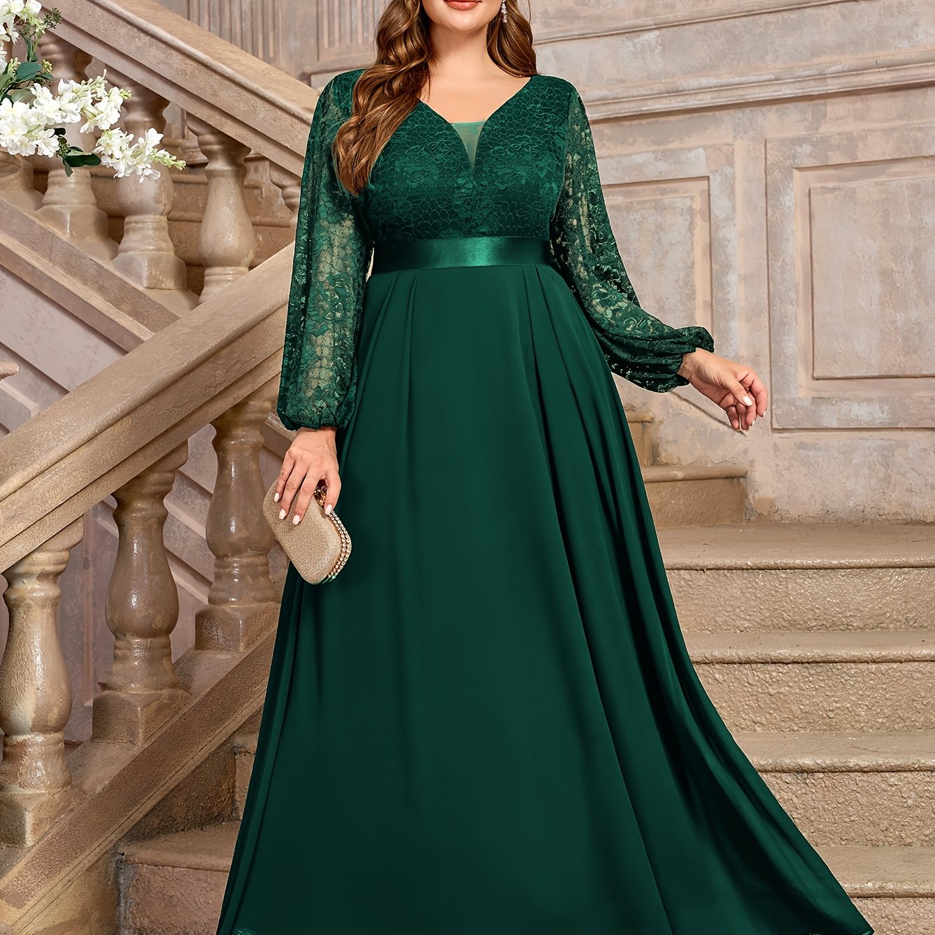 Plus Size Women's Floral Lace Chiffon Long Dress Evening Gown Formal Party