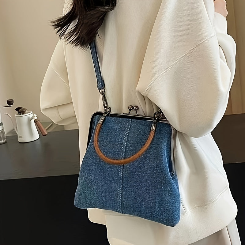 Handcrafted Denim Crossbody Bag for Women with Clasp Closure and Wooden Handle