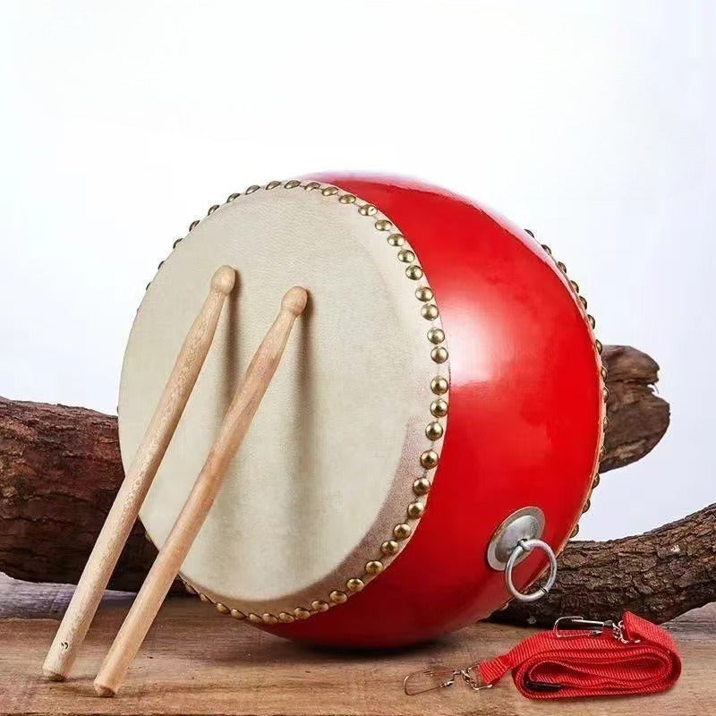Red Cowhide Drum with White Rivets, Plastic Body, Wooden Drumsticks