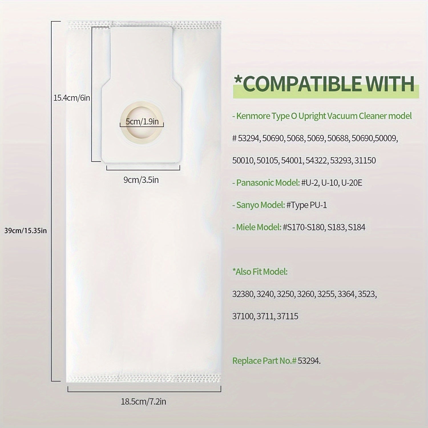 Upright tozalagichlar uchun 6 HEPA filtri almashtirish sumkasi, chang, hayvonlar tuklari 5068