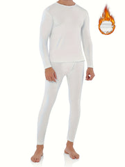 Men's Winter Thermal Underwear Set Long Sleeve Top and Pants Solid Color Polyester Spandex