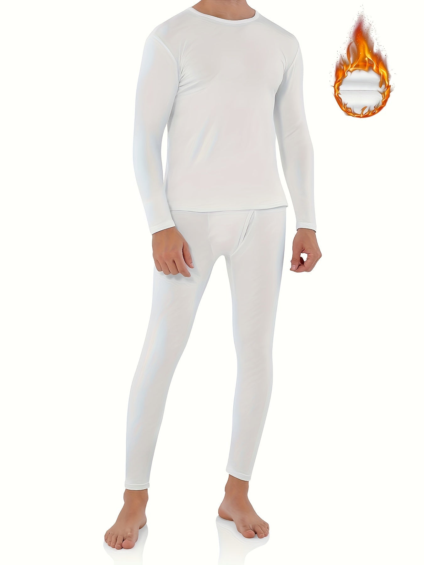 Men's Winter Thermal Underwear Set Long Sleeve Top and Pants Solid Color Polyester Spandex