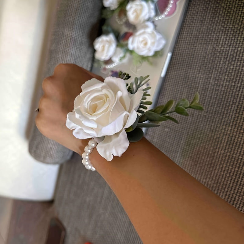 Romantic Wrist Corsage with Roses and Faux Pearls for Weddings and Parties