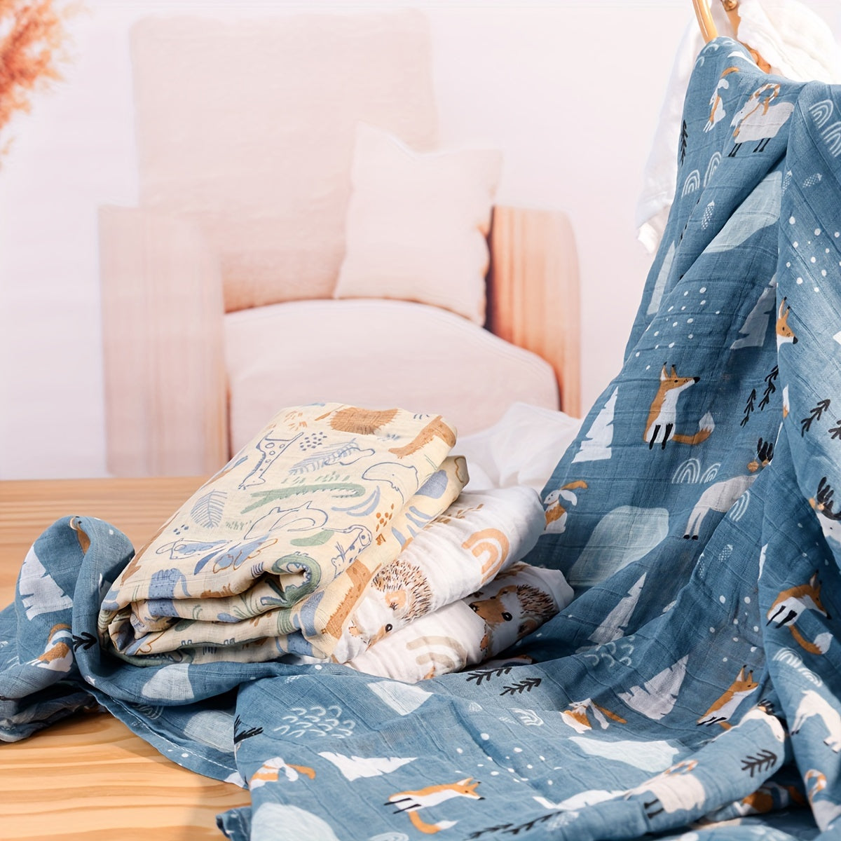 Set of Three Muslin Baby Swaddle Blankets 0-3 Years Cotton Breathable Reusable