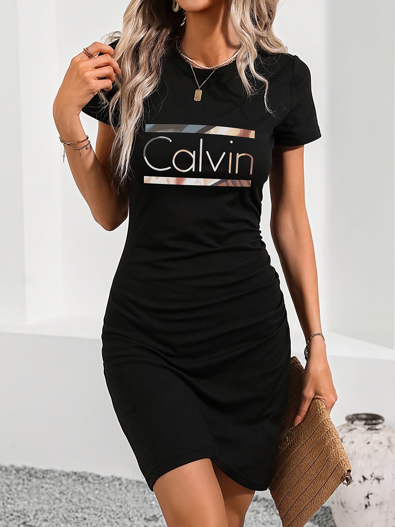 Women's Bodycon T-Shirt Dress Stretchy Breathable Black Slim Fit Casual
