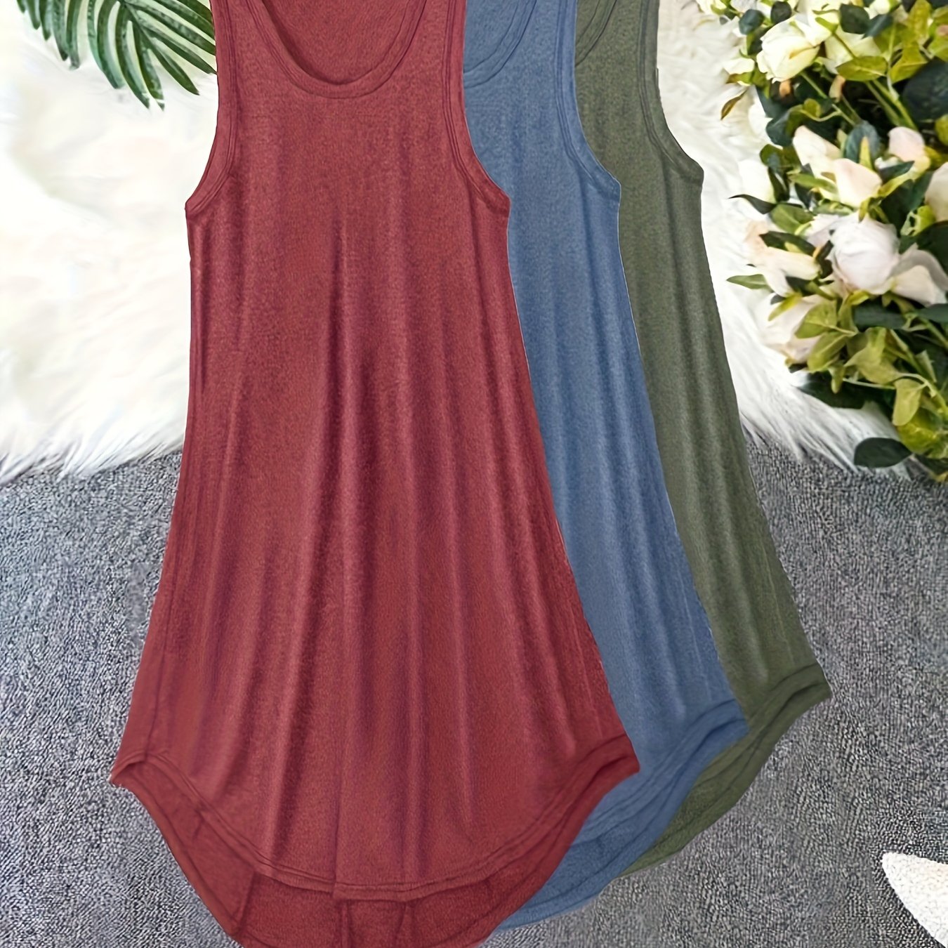 Women's Plus Size Lounge Dress Set Solid Tank Sleepwear 3 Piece