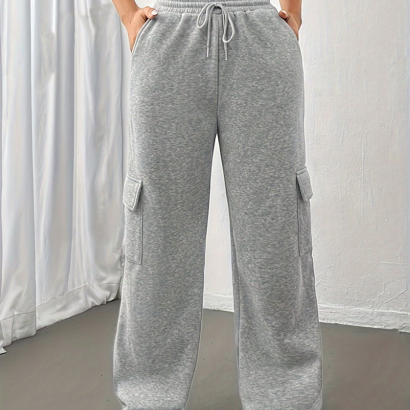 Pantalones deportivos de pierna ancha para mujer con cintura alta, cordón y bolsillos, otoño e invierno, poliéster