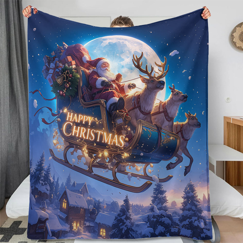 Christmas Santa Sleigh Print Flannel Fleece Throw Blanket All-Season Hypoallergenic for Travel Camping Napping