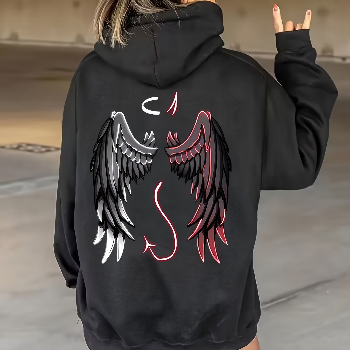 Plus Size Wings Print Drawstring Hoodie Casual Long Sleeve Pullover