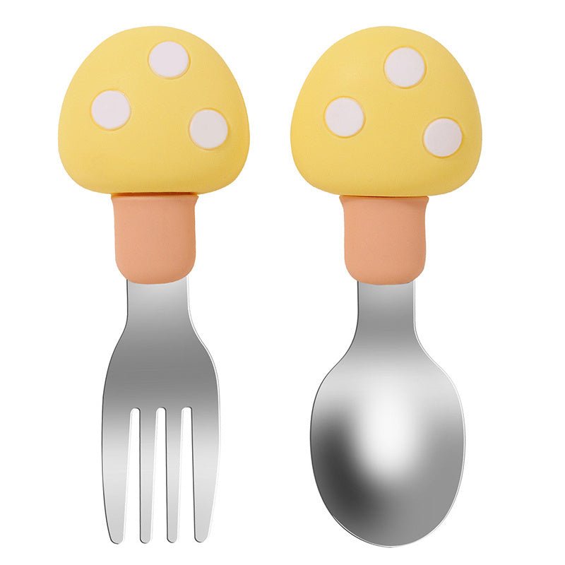 Set de utensilios de silicona para alimentar a bebés con diseño de seta, cuchara y tenedor